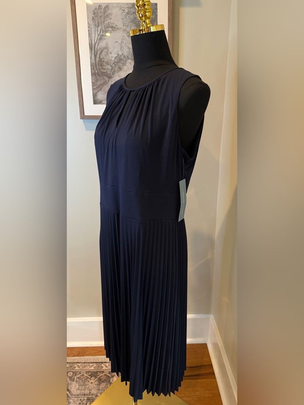 London Times Pleated Midi Dress NWT | Navy Keyhole Sleeveless Dress Sz 12